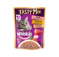 Pate Whiskas Tasty Mix (Gravy) loại Cá ngừ - Thanh cua - Cà rốt cho mèo