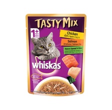 Pate Whiskas Tasty Mix (Gravy) loại Gà - Cá hồi - Rong biển cho mèo